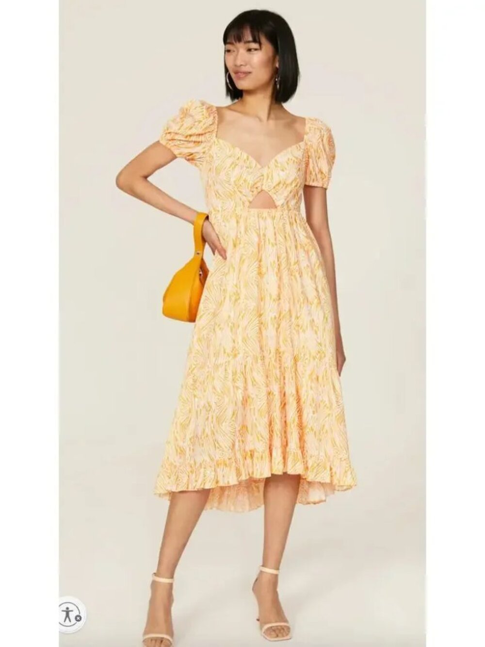 Cinq à Sept Tevah Midi Dress Yellow Puff Sleeve Cut Out Cotton Sweetheart Sun 8